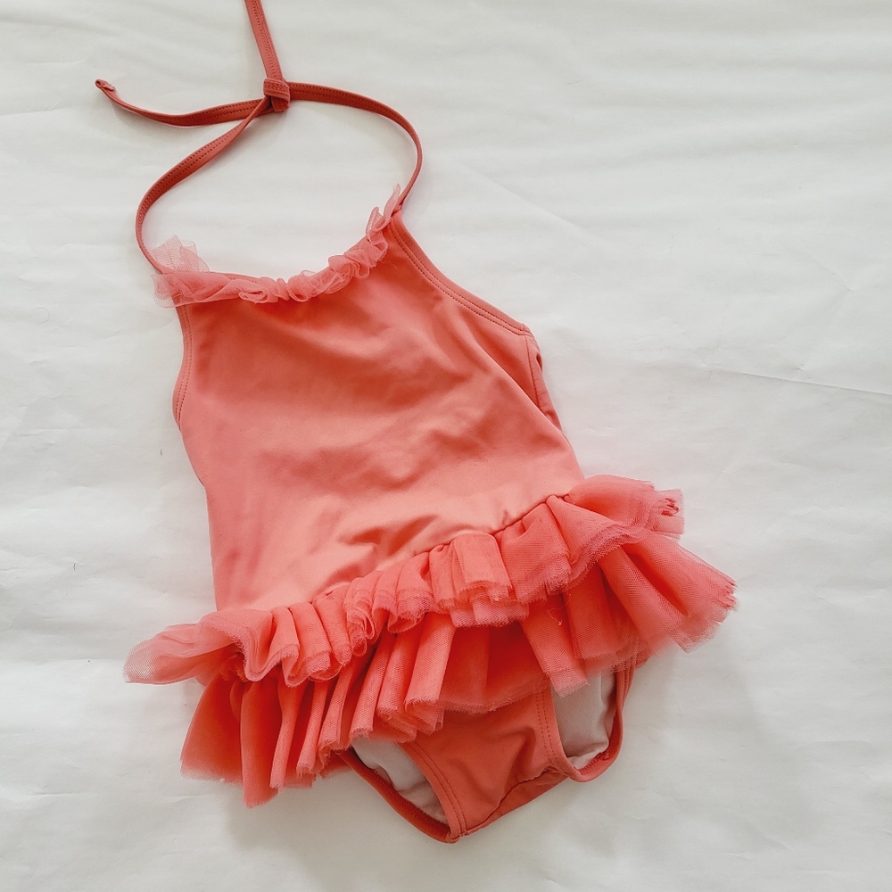 Janie and Jack salmon tulle ruffle halter one piece swim suit
